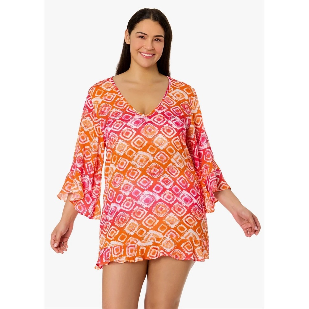 NWT Anne Cole Swim Cover Up Women Orange Pink Tie Dye Geometric 22-24 $88